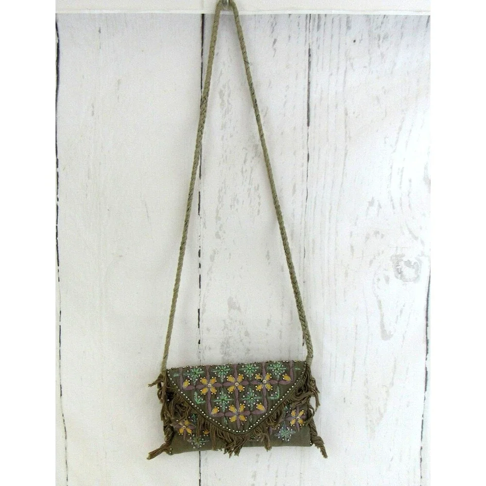 Embroidered And Beaded Tan Crossbody Bag Fringe Made in India 70's Inspired Boho - Picture 10 of 10
